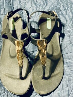 OKA b. Black Jelly T-Strap Sandals with Gold Accents